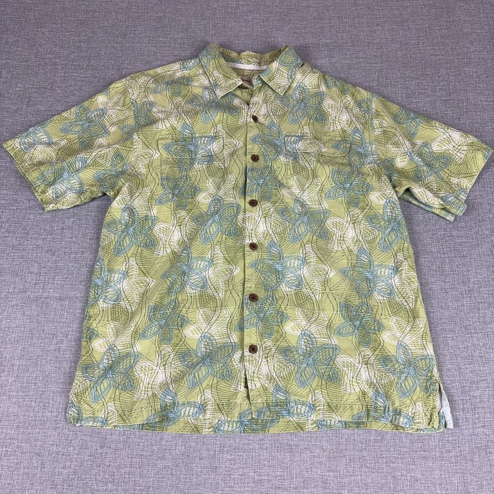 Tommy Bahama Shirt Mens Large Green Silk Floral Hawaiian Short Sleeve Button Up